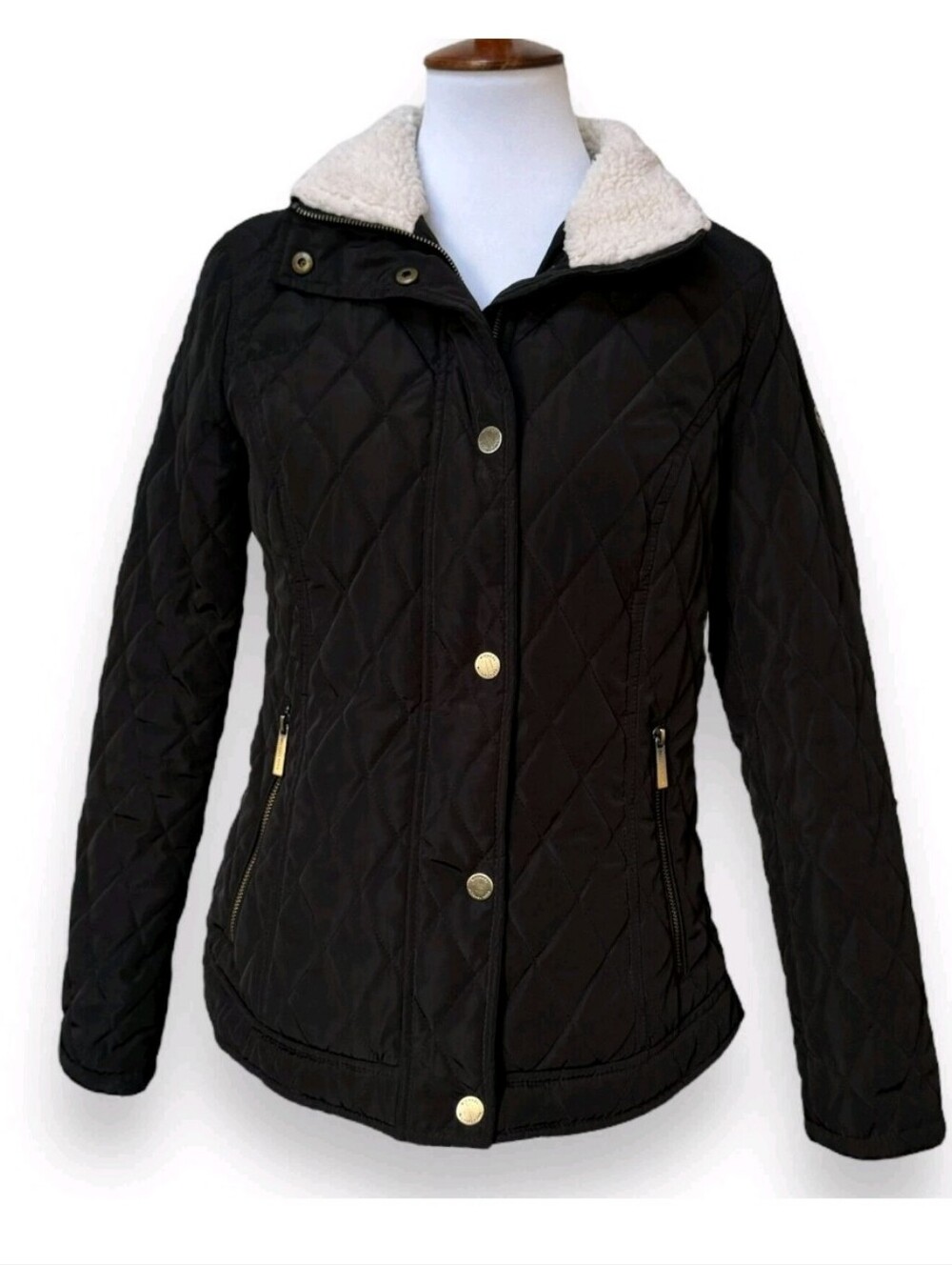 Michael Kors Women's Sherpa Stand Collar Black Diamond Quilted Jacket - Large